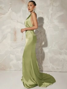 L'Amorae 女式緞面無背頸套連衣裙 - 橄欖綠 - 查看 4