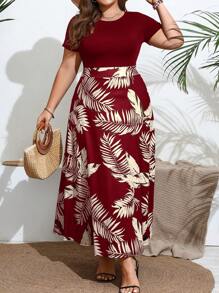 SHEIN Frenchy Plus Size Round Neck Short Sleeve Summer Boho Dress With Plant Print,Beach Dress Sundress,Holiday Outfits