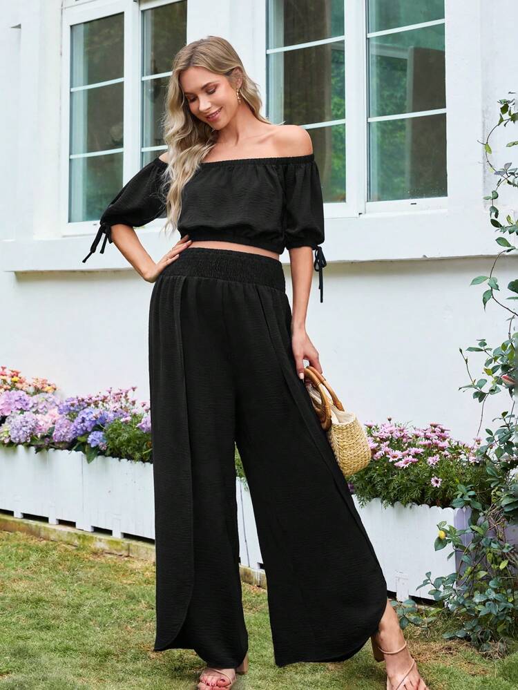 Maternity Romantic Holiday Off Shoulder Tie Short Sleeve Top And Wide Leg Pants