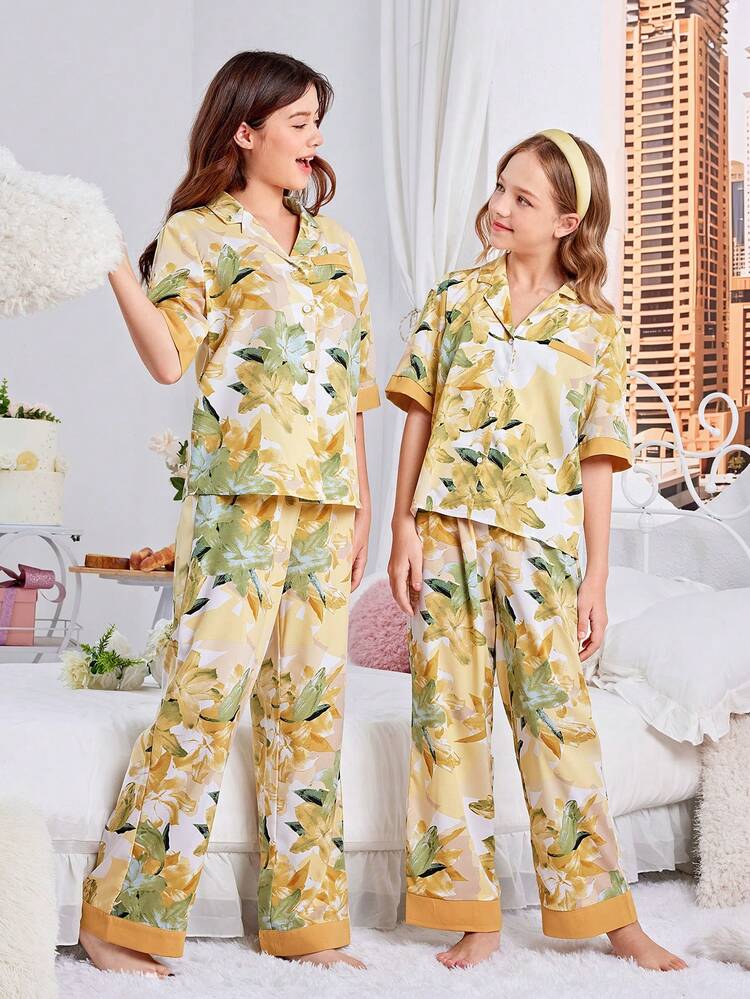Tween Girl Summer Floral Print V-Neck Cardigan And Pants Pajama Set, Sibling Matching Outfits (2 Sets Sold Separately)