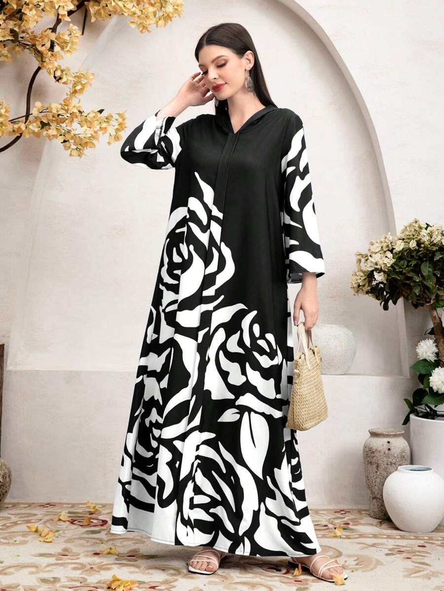 Al Najma 女士时尚花朵印花长袖阿拉伯朴素连衣裙 - 黑色 - 查看 1