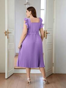 SHEIN Privé Plus Size Elegant And Intellectual Commuting Ruffled Short Sleeve Dress With Pleated Hem, Wedding Guest Dress - Mauve Purple - View 9