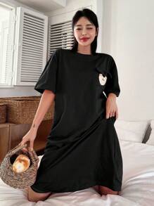 DAZY 可愛熊圖案印花短袖睡裙,帶口袋,適用於春夏季 - 黑色 - 查看 5
