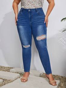 SHEIN LUNE 大尺碼女性時尚休閒修身破洞細腿牛仔褲 - 藍色 - 查看 6