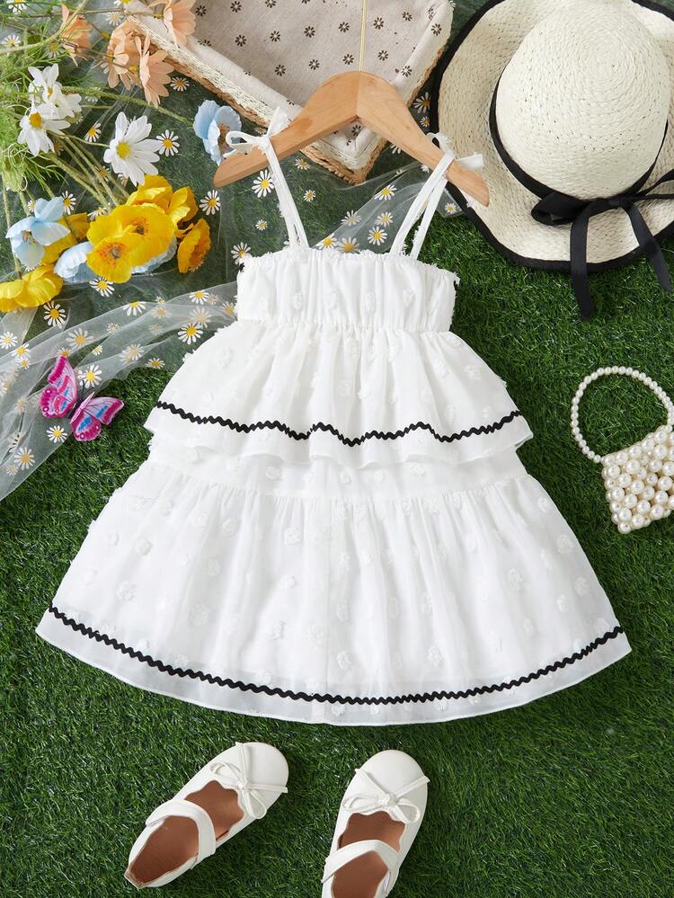 Baby Girls' Fashionable Multilayered Ruffle Trim Spaghetti Strap Dress