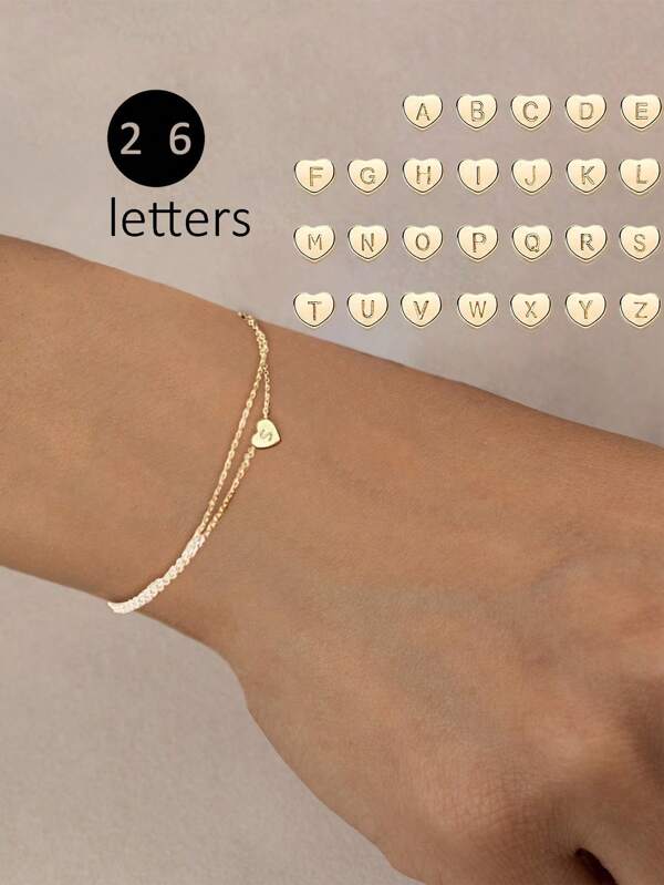 1pc Minimalist Delicate Style Copper Heart Shaped Letter Name Bracelet, With Multi-Layer Chain And Cubic Zirconia Detail Decor, Stainless Steel 18k Gold-Plated, In Rose Gold & Silver Colors, Low Allergy Rate, Suitable For Girls' Summer Bracelet, Travel, Street, Beach