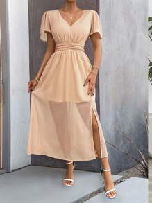 Chiquease 纯色 V 领收腰开衩连衣裙 - 藕粉色 - 查看 6