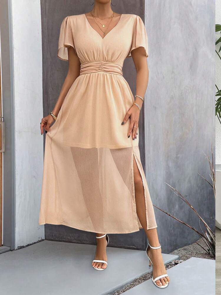 Solid Color V-Neck Cinching Waist Slit Dress