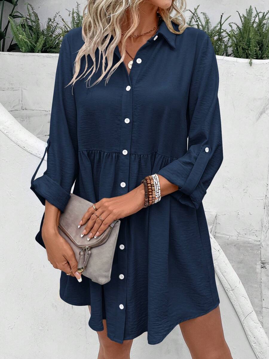 SHEIN Frenchy Ladies Solid Color Minimalist Shirt Dress With Front Buttons Winter Blue - Navy Blue - View 1