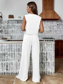 SHEIN Frenchy Women's Simple Colorblock Sleeveless Top And Long Pants Set, For Daily Wear Old Money Style Teacher Outfits  Work Women DressesTwo Piece Suit Earthy Clothes - White - View 2
