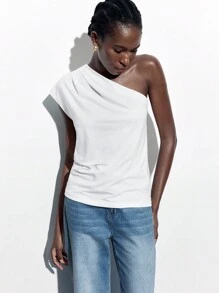 Maija Women's Solid Color Asymmetrical Neckline Top For Summer - White - View 5