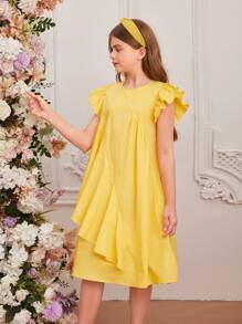 SHEIN Tween Girls' Loose, Cute Cap Sleeve Asymmetrical Ruffle A-Line Dress With Round Neckline