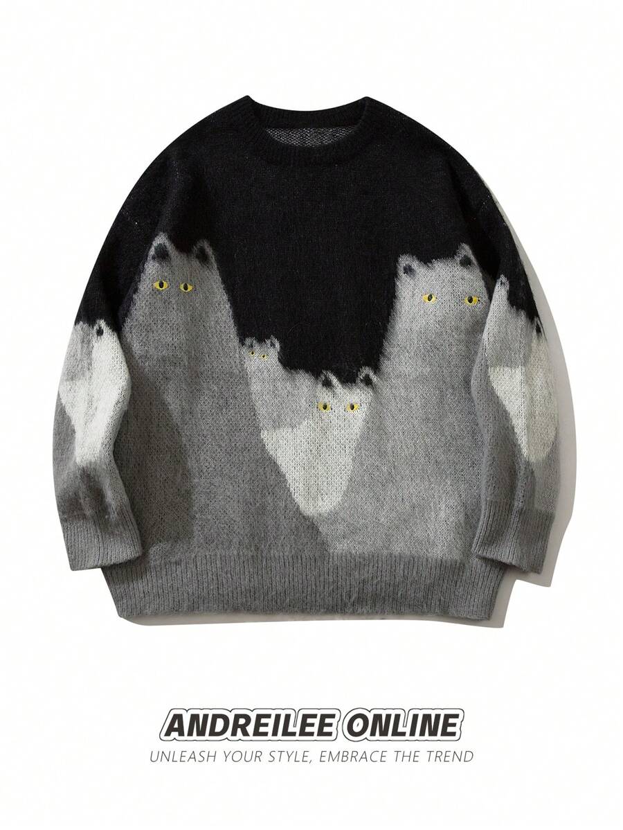 ANDREILEE 男士黑色猫咪图案针织套头毛衣，男女通用圆领，秋冬款 - 黑色 - 查看 1