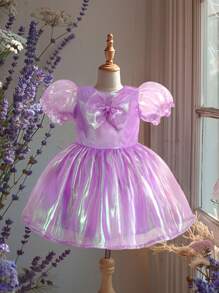Baby Girl Fashionable Princess Dress With Puff Sleeves, Chic Butterfly Decoration, Summer - Mauve Purple - View 1
