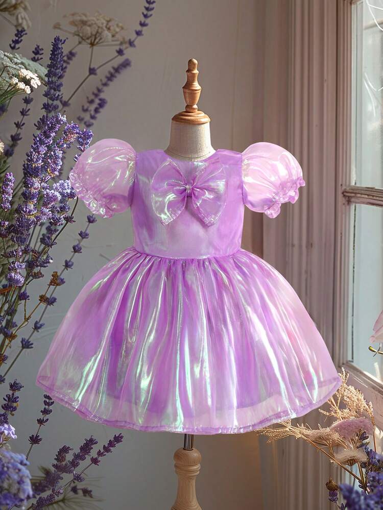 Baby Girl Fashionable Princess Dress With Puff Sleeves, Chic Butterfly Decoration, Summer