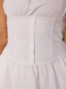 GENKIRA French Style Fresh Summer Plain Sleeveless Square Neck Ruched Waist A-Line Dress - White - View 3