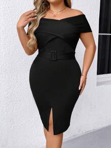 SHEIN Clasi Plus Size Solid Color Cross Wrap Buckle Belted Split Hem Off-Shoulder Dress - Black - View 3