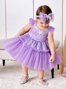 SHEIN Baby Girl Cute Mesh Dress With Ruffle Hem, Faux Pearl And Sequin Decor Accessory Set - Purple - View 5