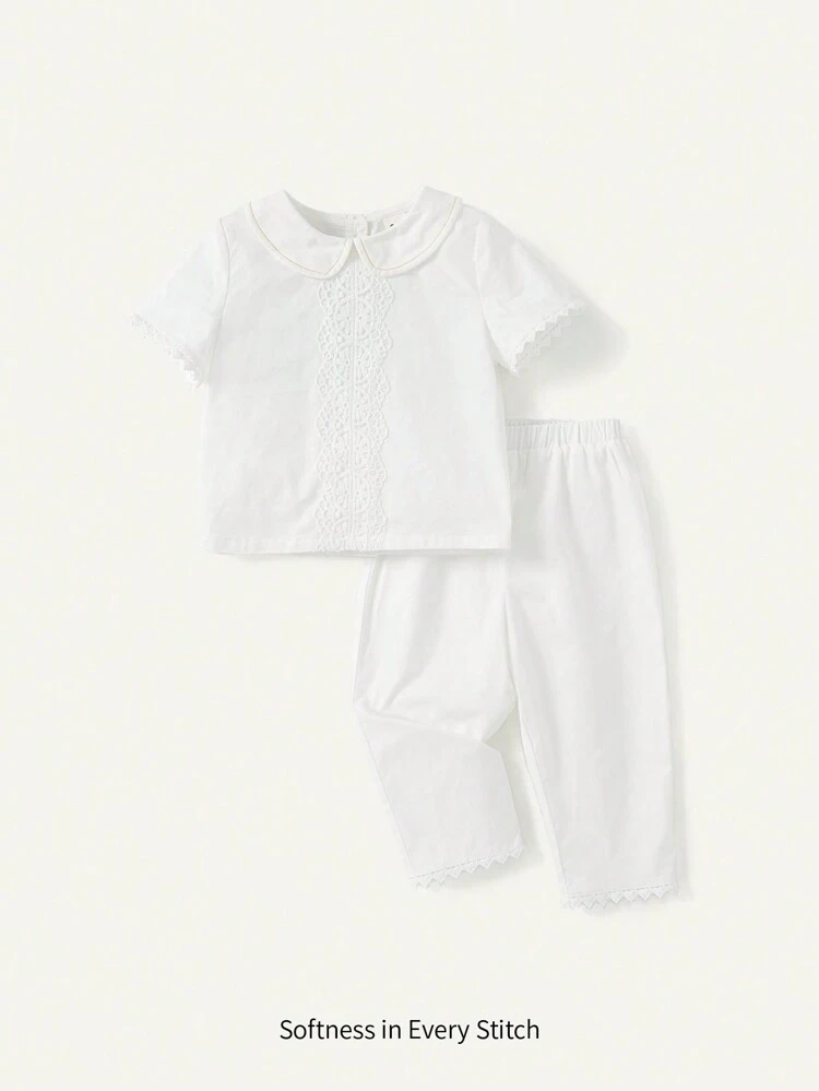 Baby Boy Casual Peter Pan Collar Lace Trim Short Sleeve Top And Pants Set