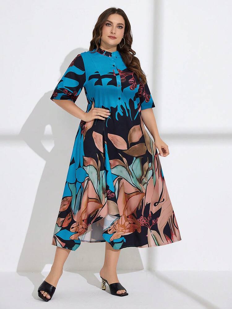 Plus Size Botanical Print Buttoned Half Placket Dress