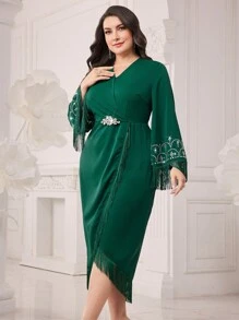 Modelyn Plus Size Surplice Neck Wrap Dress Dress With Fringed Sleeves And Rhinestone Decoration Long Evening Dresses