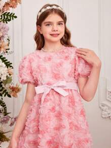 SHEIN Leap Crew Tween Girl's Gorgeous & Bubble Sleeve Floral Embroidered Dress With Waist Belt, Spring/Summer - Pink - View 4