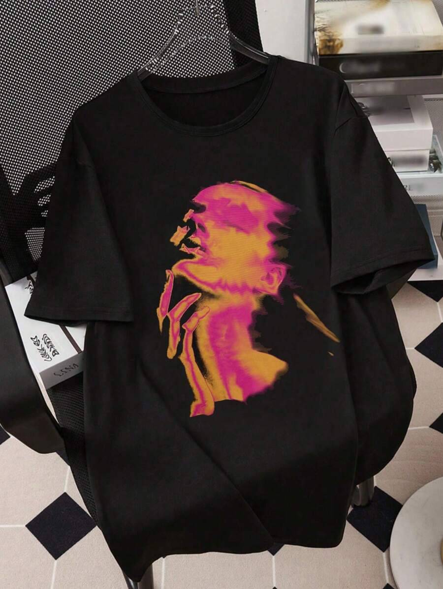 Manfinity EMRG 男士寬鬆印花下垂肩T恤 - 黑色 - 查看 1