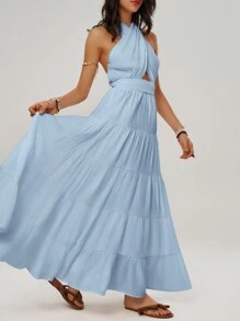 Bohemela Vacation Hollow Out Halter Neckline A-Line Dress With Elastic Waist - Baby Blue - View 8