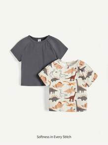 嬰兒男童卡通恐龍印花短袖t卹,帶肩墊和圓領,2入組 - 深灰色 - 查看 1
