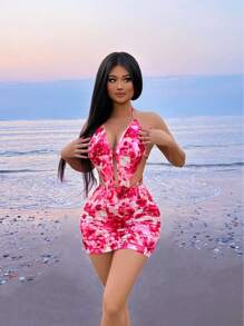 SHEIN SXY 露背花卉印花露背連身裙,綁帶設計 - 粉色 - 查看 5