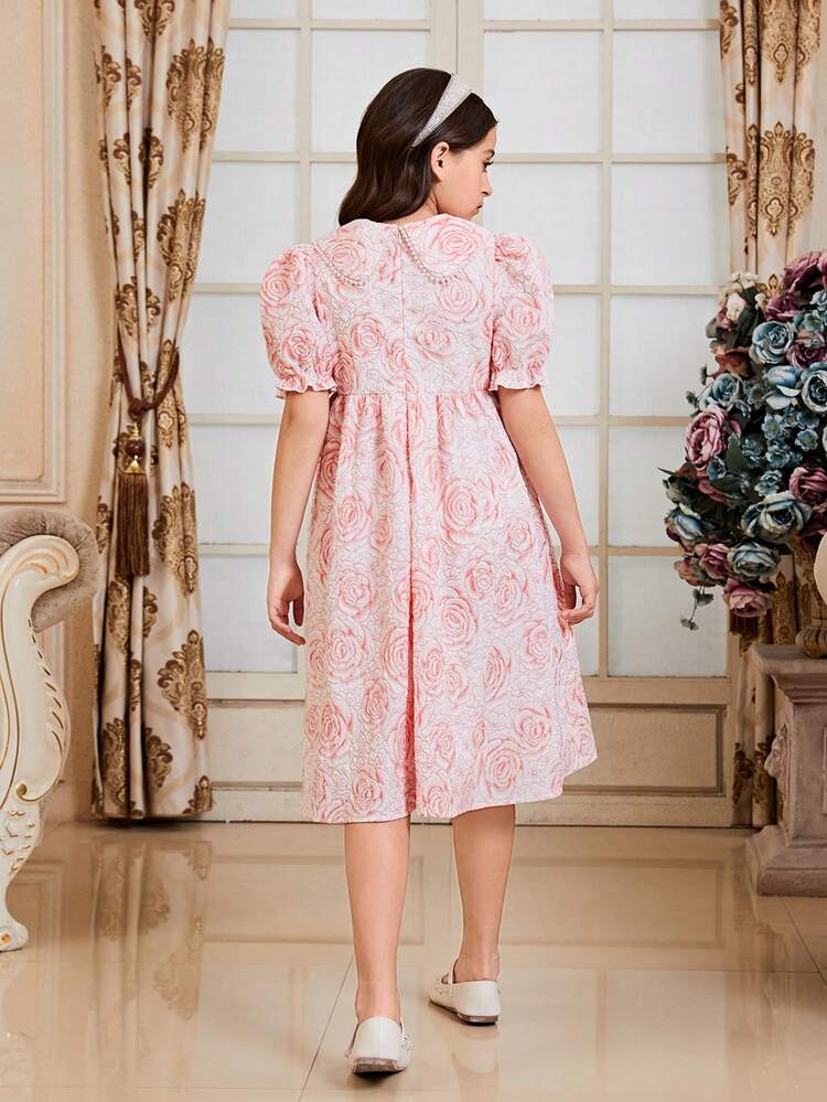 Tween Girls' Casual Floral Pattern Dress With Large Collar For Summer