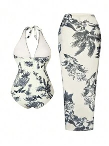 Swim Oasis Maiô feminino Plus Size fashion impresso de uma peça - Bege - Visão 2