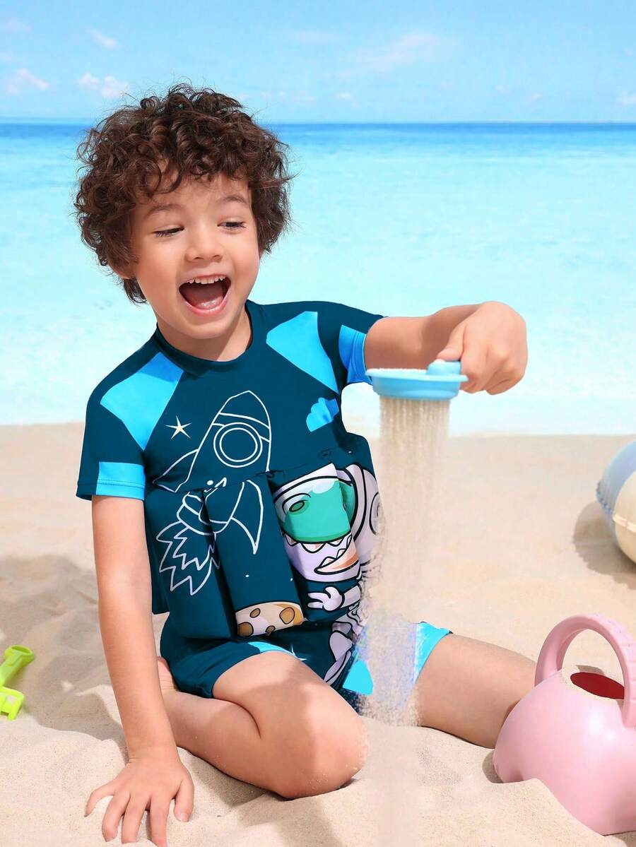 Áo tắm một mảnh bãi biển mùa hè cho bé trai trẻ có in hình tên lửa và khủng long - Màu xanh lam - Xem 1