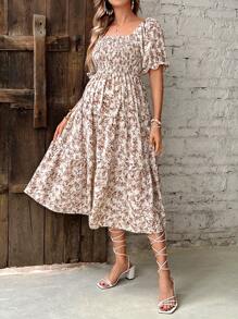 SHEIN Maternity Floral Print Puff Sleeve Ruffle Hem Dress With Front Tie - Apricot - View 4