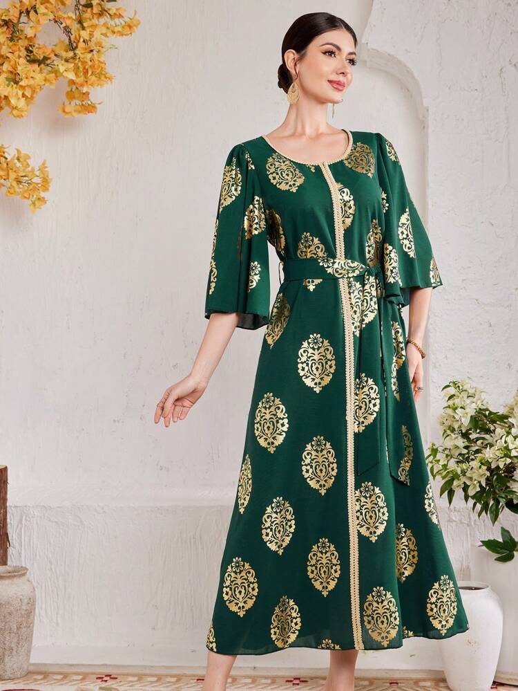 Women Long Arabic Style Dress With Round Neck, Ruffled Sleeves And Gold-Stamped Floral Print Kaftan Jalabiya Dress