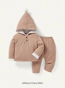 Cozy Pixies Baby Boy Half Button Thermal Hoodie & Pants - Khaki - View 1