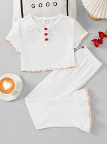 Tween Girl White Simple Style Long Pants Short Sleeve Casual Two-Piece Home Wear - White - View 1