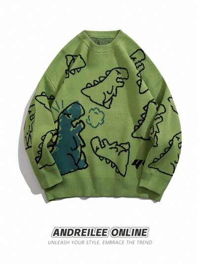 Plus Size Dinosaur Intarsia Knit Long Sleeve Sweater, Unisex, Suitable For Spring, Autumn, Winter