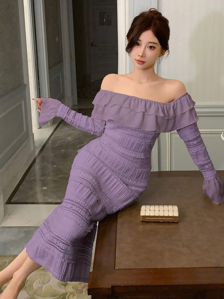 DAZY 女士露肩紧身连衣裙,适合秋季假日舞会,荷叶边优雅女士长裙 - 紫色 - 查看 1