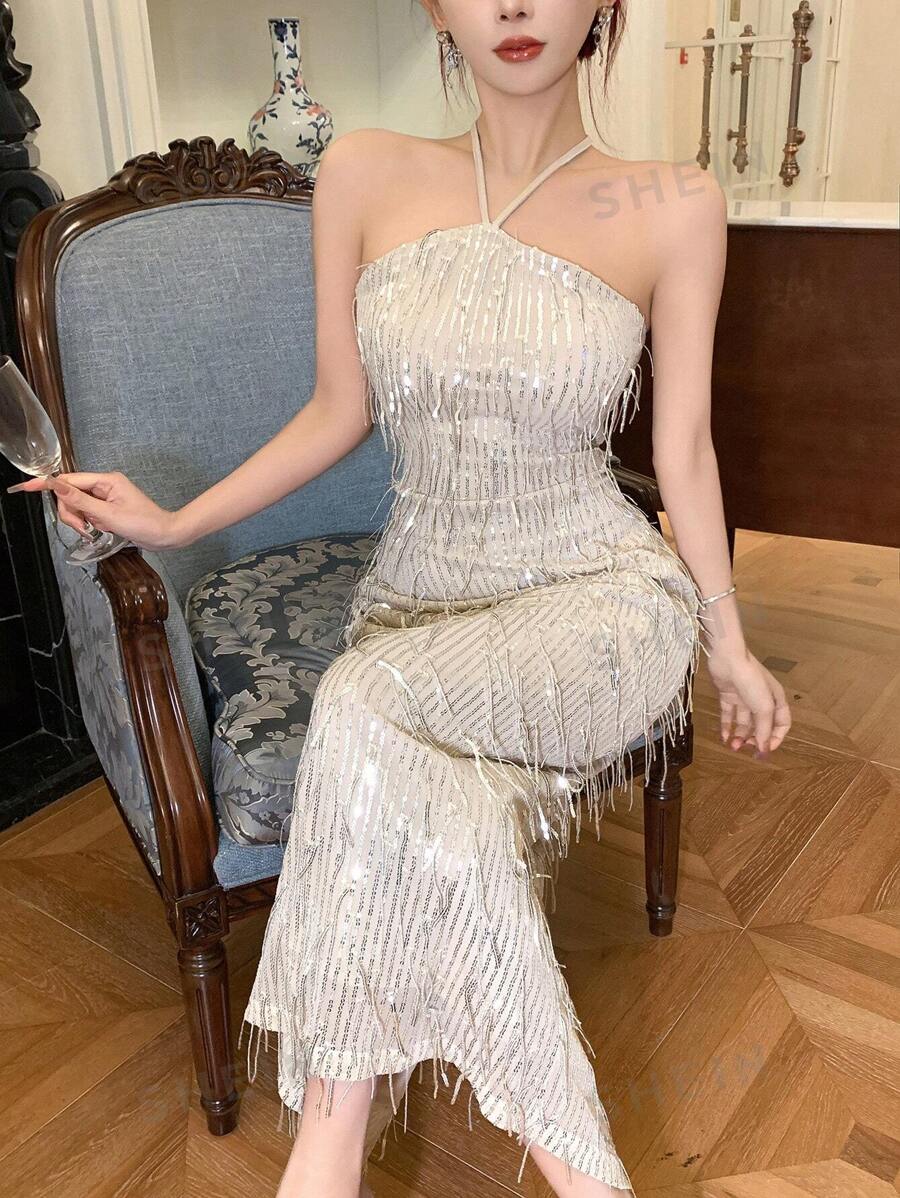 DAZY Vestido midi ajustado con escote halter brillante para mujer, vestido de fiesta de graduación, Año Nuevo, fiesta, vestido de mujer con lentejuelas de lujo