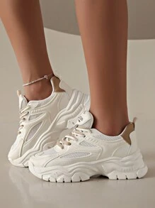 New Women Thick Sole Sneakers, Beige Khaki Mesh Fashionable Flat Casual Shoes, Outdoor Round Toe Lace-Up Chunky Sneakers, Suitable For All Seasons