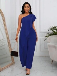 SHEIN Clasi Mono de pierna ancha con hombros asimétricos y volantes de unicolor de moda de verano para mujeres