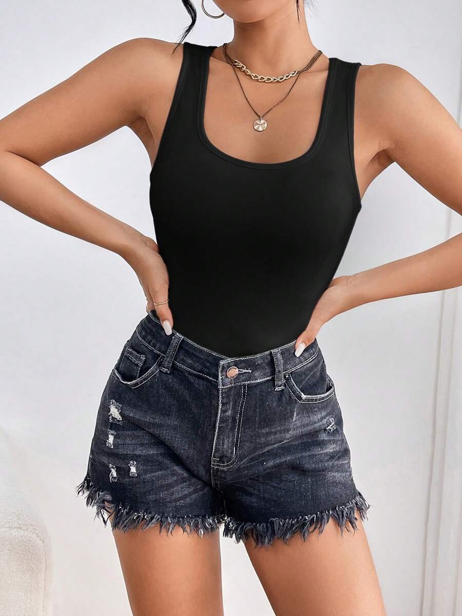 SHEIN PETITE Bộ đồ liền thân màu trơn không tay cho nữ cho mùa hè - màu đen - Xem 1