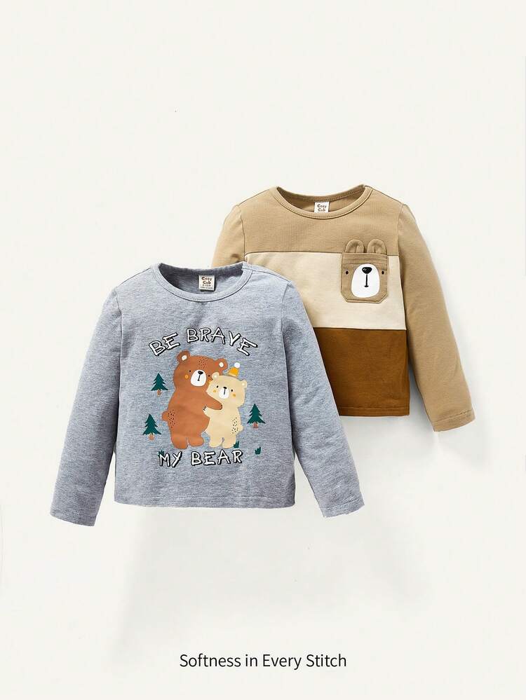 Baby Boys' Cartoon Bear Pattern Round Neck Tee With Color-block Spliced Shirt, 2pcs/set