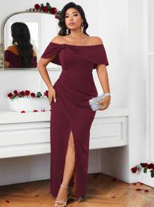 Allurite Burgundy Red Plus Size Solid Color Off-Shoulder Twisted Front High Slit Dress For Spring/Summer Wedding