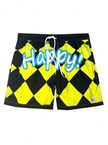 Surfspeed Pantalones cortos de playa para hombres con estampado de rejilla de diamante y letras en bloques de color - Amarillo - Ver 1