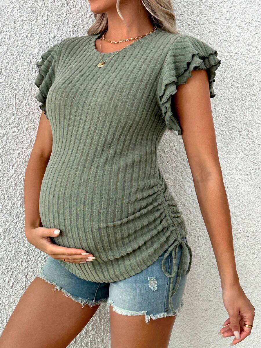 SHEIN Maternity Summer Round Neck Ruffle Sleeve Rib-Knit T-Shirt, Vibrant Holiday Style - Green - View 1