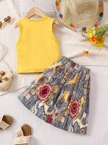 Young Girl Children's Day Two-Piece Set Simple Top With Textured Pleated Skirt, Fashionable And Versatile For Summer Seasonal Transition - Yellow - View 2