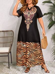 Mulvari Plus Size Women's Tiger Pattern Patchwork Short Sleeve Arabic Clothing