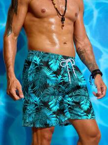 Manfinity VDAYZ Shorts de playa con estampado de hojas y cordón en la cintura para hombre, estilo hawaiano